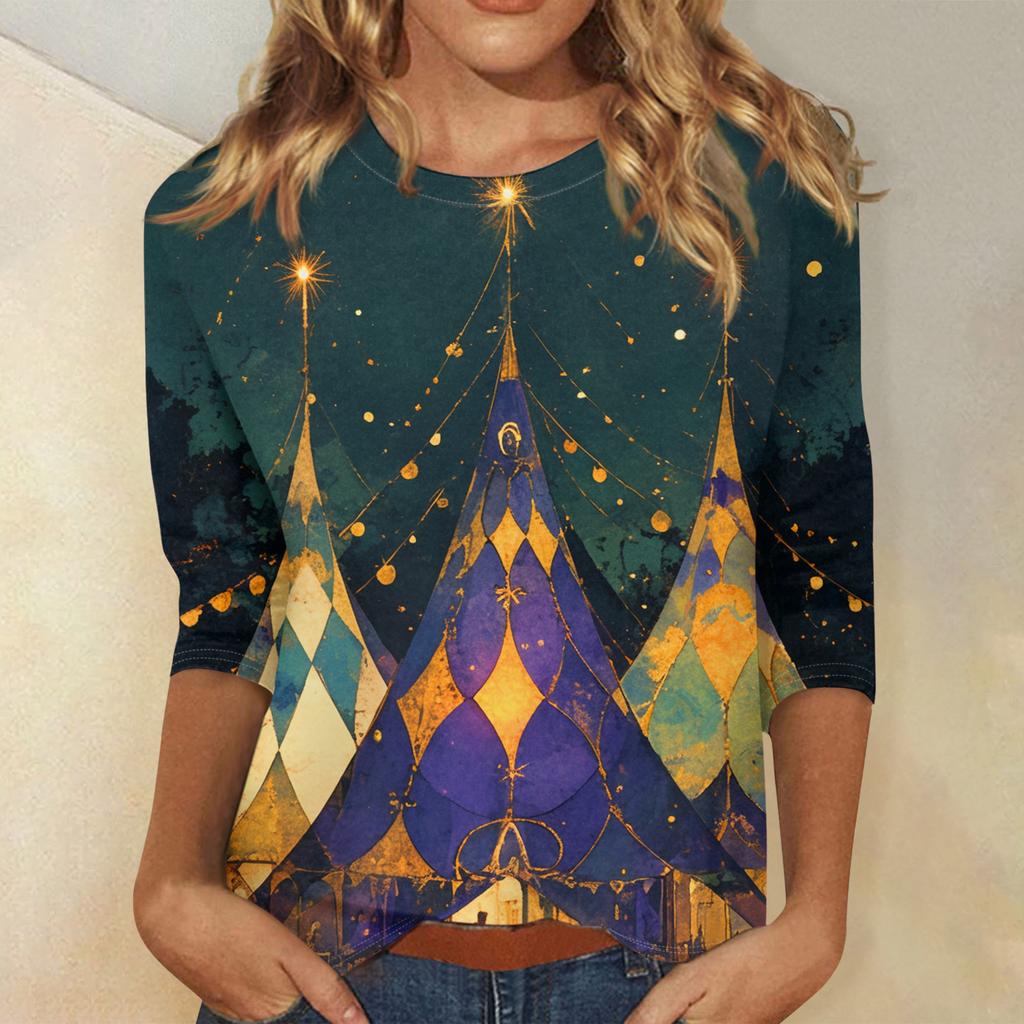 Ladies' Carnival Printed Fashionable Casual Seven Sleeve Round Neck Top