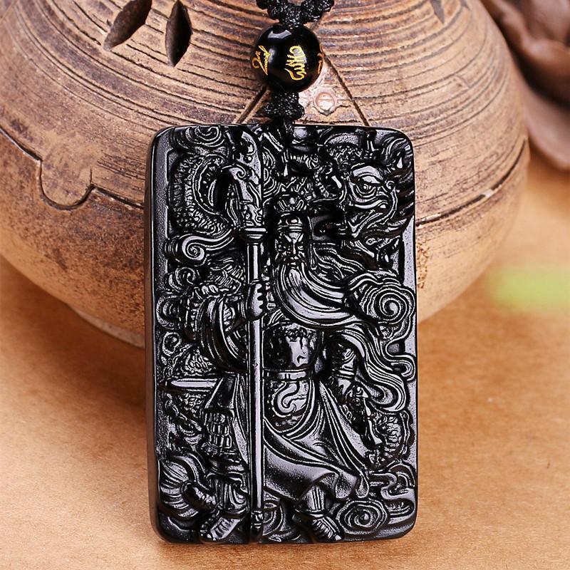 Natural Obsidian Guan Yu Pendant Necklace Men Hand-Carved Black Stone Amulet With Dragon Motif Chinese Cultural Style Obsidian 8mm Sandblasted Six-Character Bead Chain