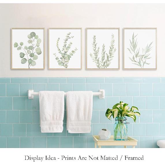 Botanical Boho Bathroom Decor Wall Art Prints, UNFRAMED Sage Green Plants Decor for Bedroom|Office, Minimalist Eucalyptus Leaves Watercolor Art