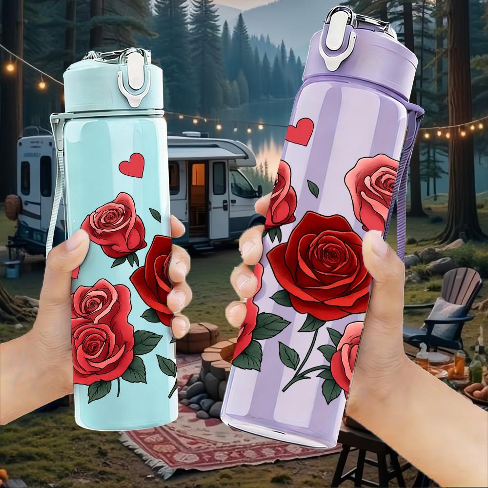 1PC Deep Red Rose Flower Bouquet Pattern 750ml Color Plastic Sports Water Bottle Leakproof Flip Straw Lid Suitable for Sports Office Home Use