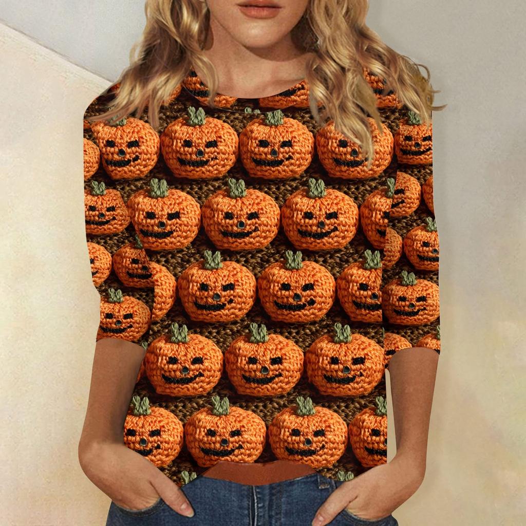 Women's Fashion Casual Three-quarter Sleeve Halloween Printed Round Neck Top