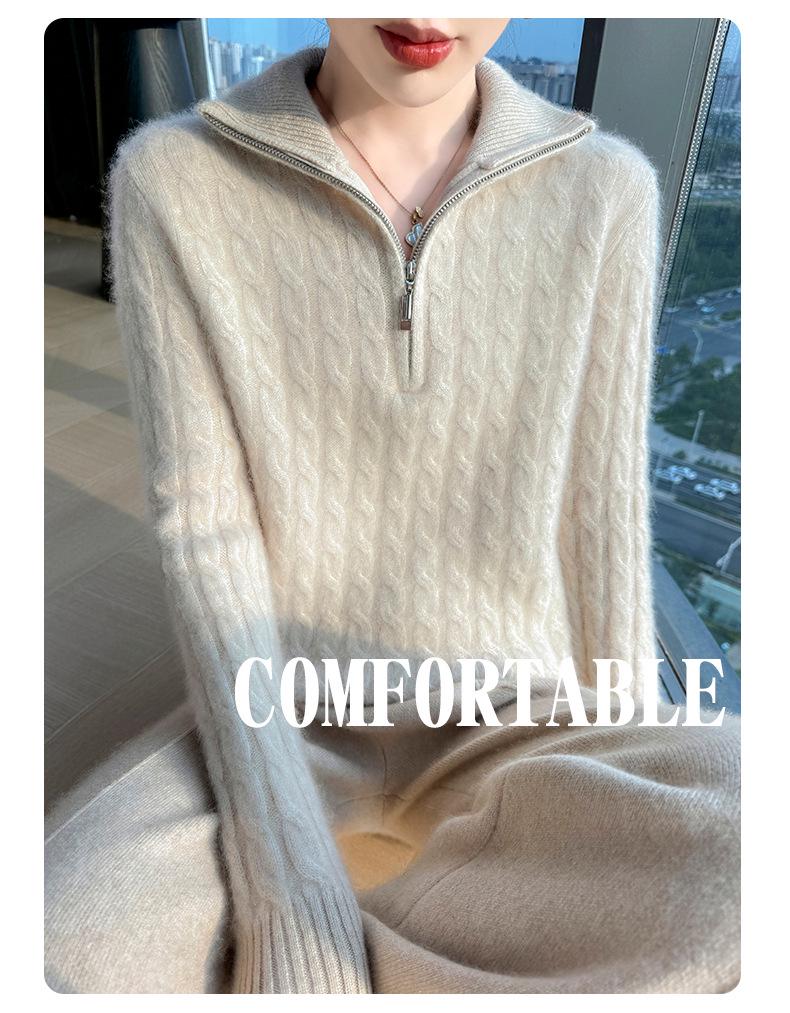 Women's 100% Wool Thickened Knitted Sweater with Large Lapel - Autumn/Winter Warm Twist Pullover, Versatile & Trendy