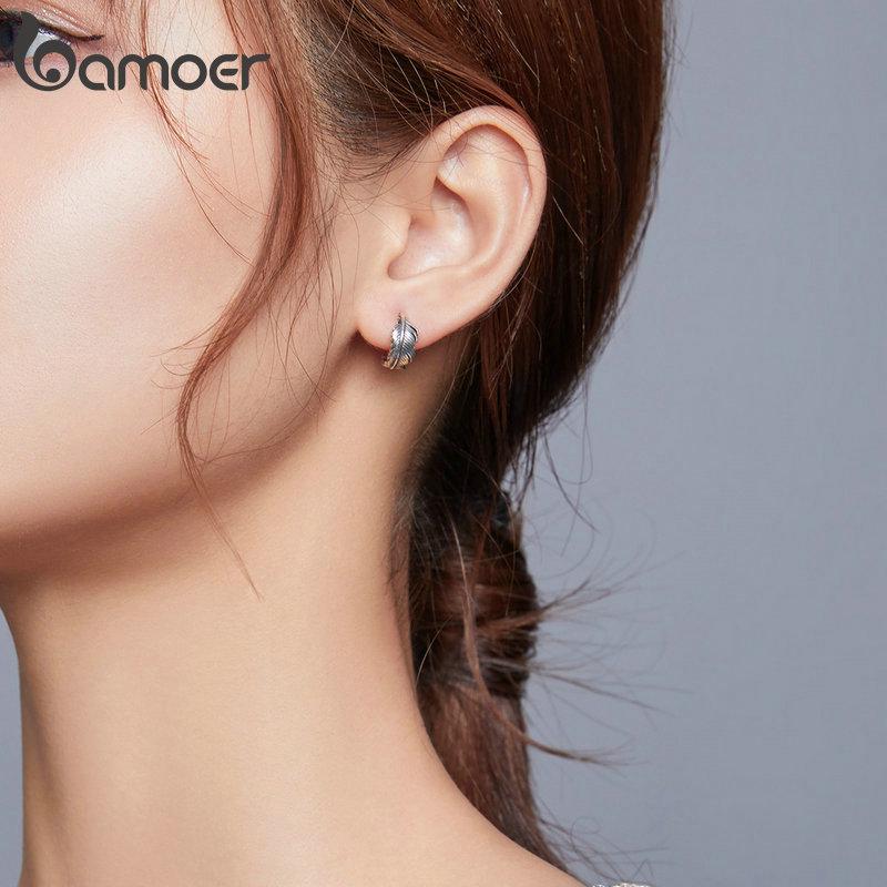 Bamoer 925 Sterling Silver Jewelry Dazzling Oxidized Light Feather Stud Earrings for Women Girls Gift Statement Jewelry
