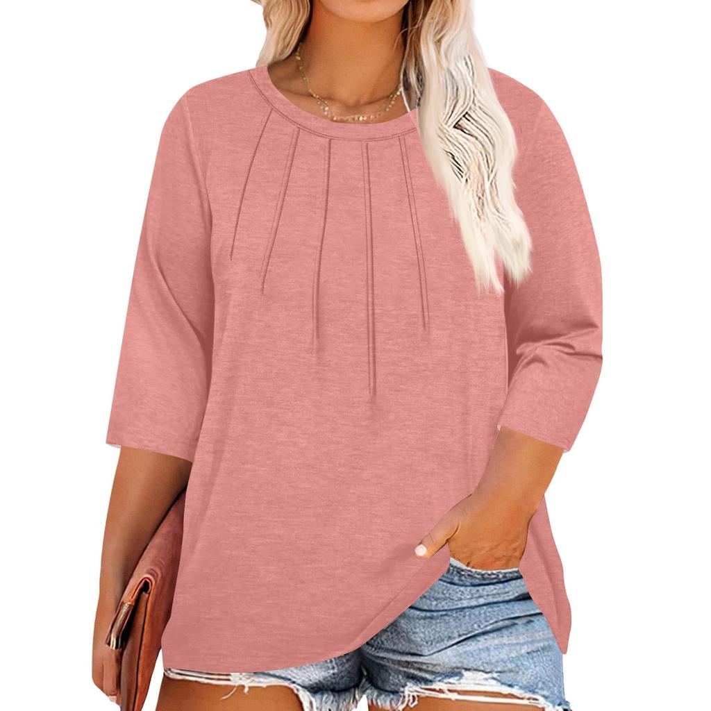 Women's Solid Color Round Neck Plus Size Tops 3/4 Sleeves Elegant Shirt Tops