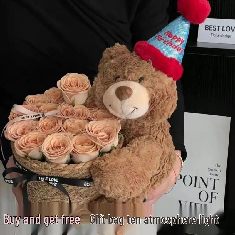 Presente de aniversário: Buquê de Flor de Sabão e Urso de Pelúcia com Boneca para Namorada - Frete Grátis