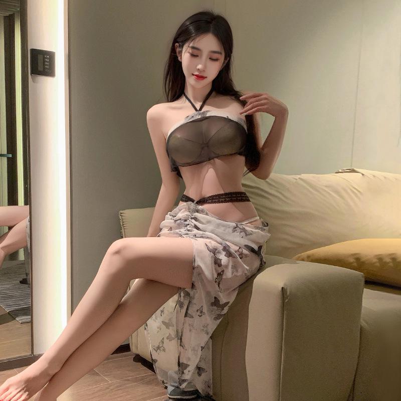 Feimu Chinese Ink Butterfly Print Nightdress & Lingerie Set - Sexy, Sheer, Alluring (Style 6712)