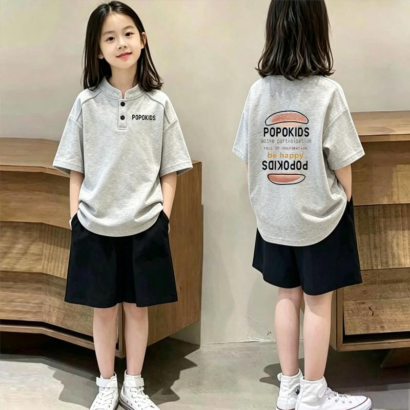 Korean Style Girls' Cotton Stand Collar Short Sleeve T-shirt & Polo Two-Piece Summer Set for Medium and Large Children