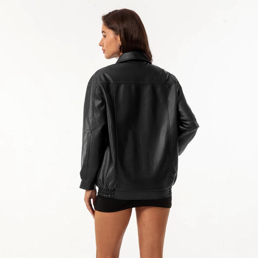 Fall Winter Women Lapel Collar Long Sleeve Slim Fit Zipper Pu Leather Jacket