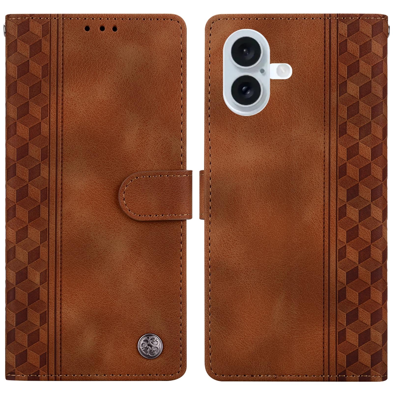 For iPhone 16 Leather Case Imprinted Checkered Pattern Wallet Stand Flip Phone Cover A