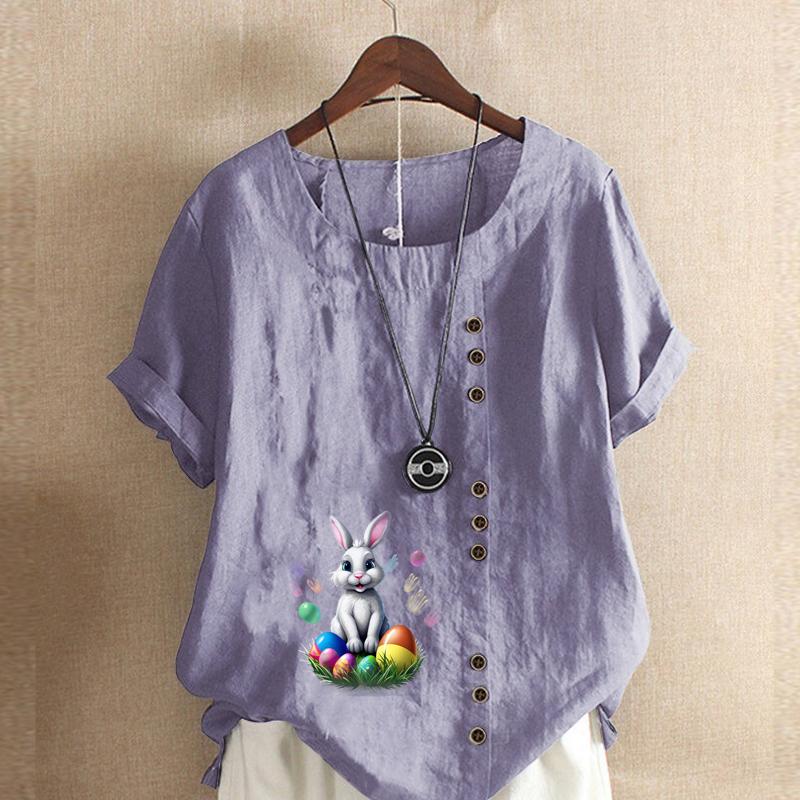 Damenmode T-Shirt mit Rundhalsausschnitt und Kaninchen-Print, kurzärmelig, lässig, Baumwolle, Leinen, Grafik, Freizeit, lockere Sommerbluse