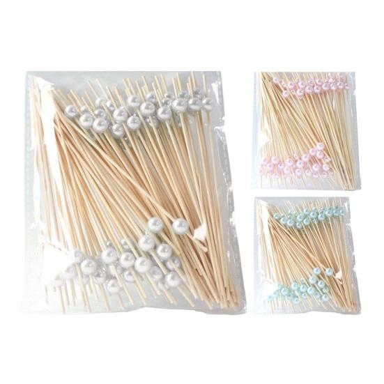 100PCS Disposable Fruit Tags, Pearl Decor Bamboo Sticks, Sharp Tip Luxury Style Skewers, for Cocktails Dessert Cakes Afternoon Tea Decorations