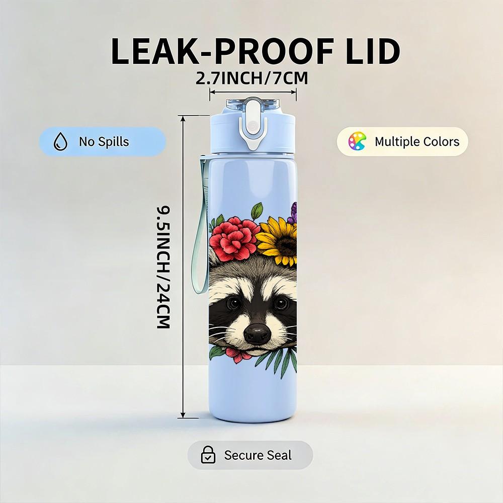 1PC Flower Crown Raccoon 750ml Color Plastic Sports Water Bottle Leakproof Flip Straw Lid Suitable for Sports Office Home Use