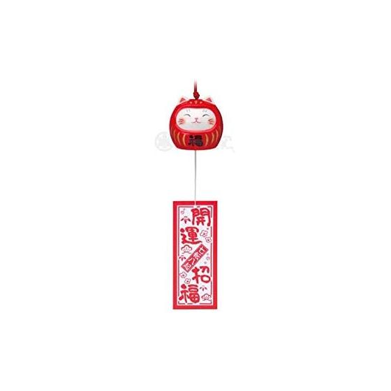 Yakushi Kiln Good Luck Cat Daruma Wind Chime (Akafuku)