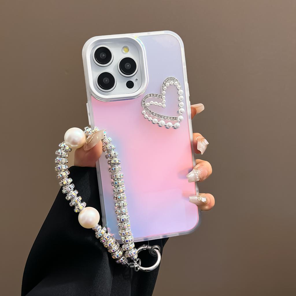 For iPhone 14 Pro Max Matte Case Laser Effect Pearls Heart Decor Smart Phone Cover with Wrist Strap