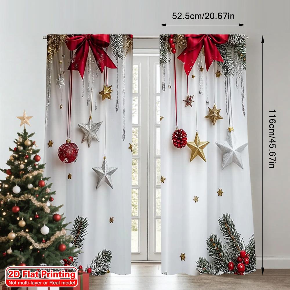 2D Flat Printing 2pcs Christmas Window Curtains Christmas Pine Branch Versatile 100% Polyester Without Electricity Festive Wall