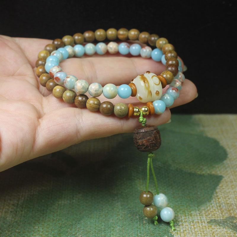 Barbie Sandalwood & Shoushan Stone 6mm Double Layer Bracelet with Cat Pendant, Fashion Jewelry for Women