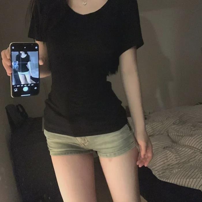 Women's Slim Fit V-Neck Short-Sleeve Cotton T-Shirt, 2024 Summer American Style Trend