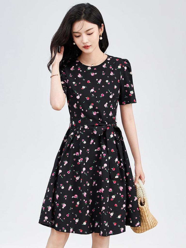 Elegantes französisches Chiffon-Druckkleid zur Taillenverschlankung für Damen