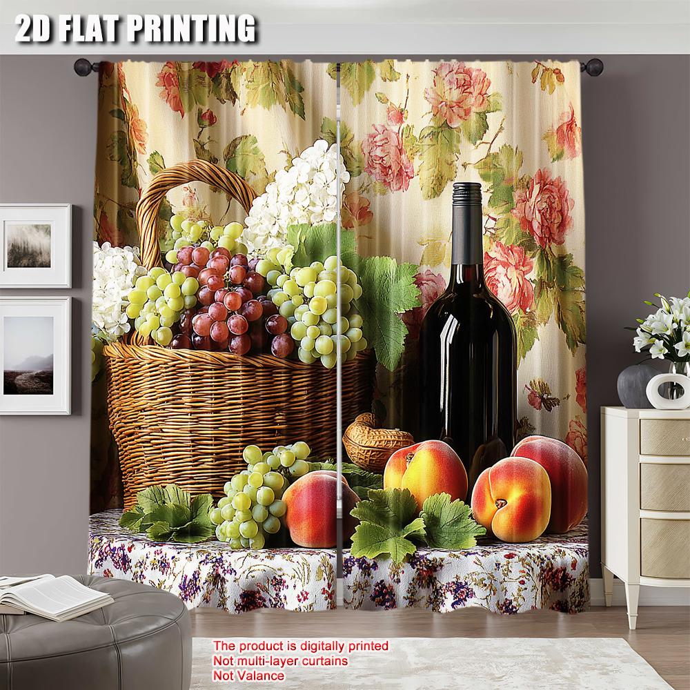 2Pcs Farmhouse Kitchen Curtains Vintage Grapes Fruits Oil Painting Rustic Flower Wine Art Printed Retro Country Living Room