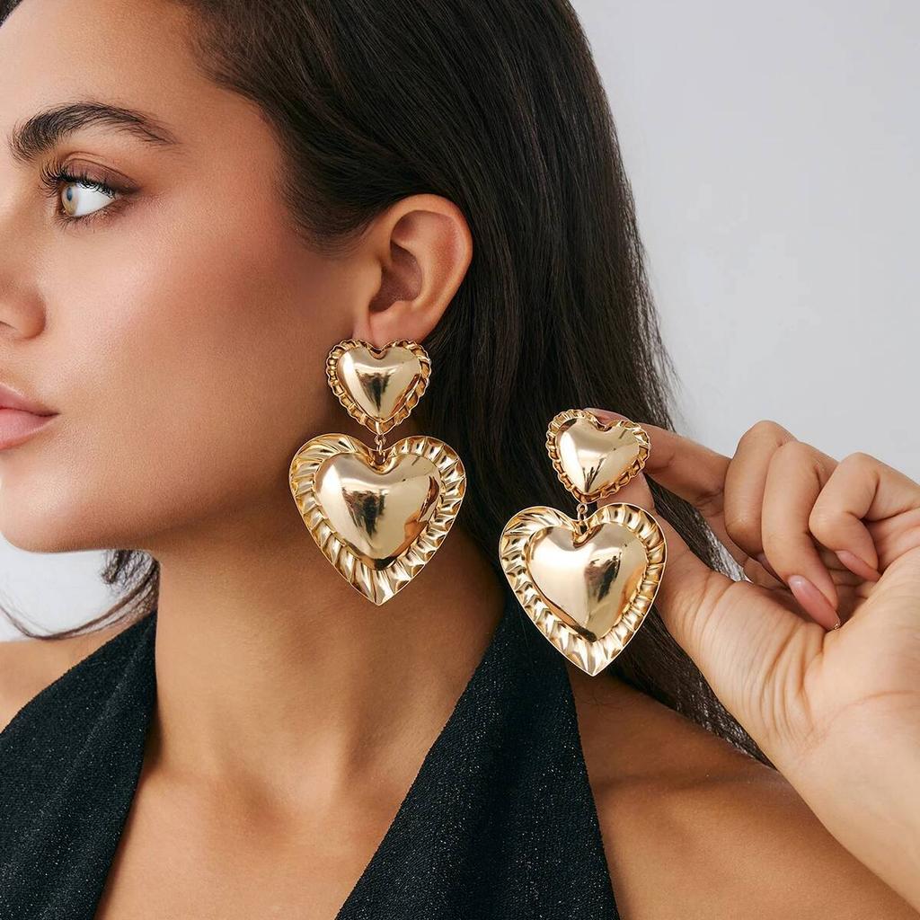 Salircon Vintage Metal Double Heart Drop Earrings Women Exaggerated Gold Color Large Love Personality Earring Party Jewelry Gift