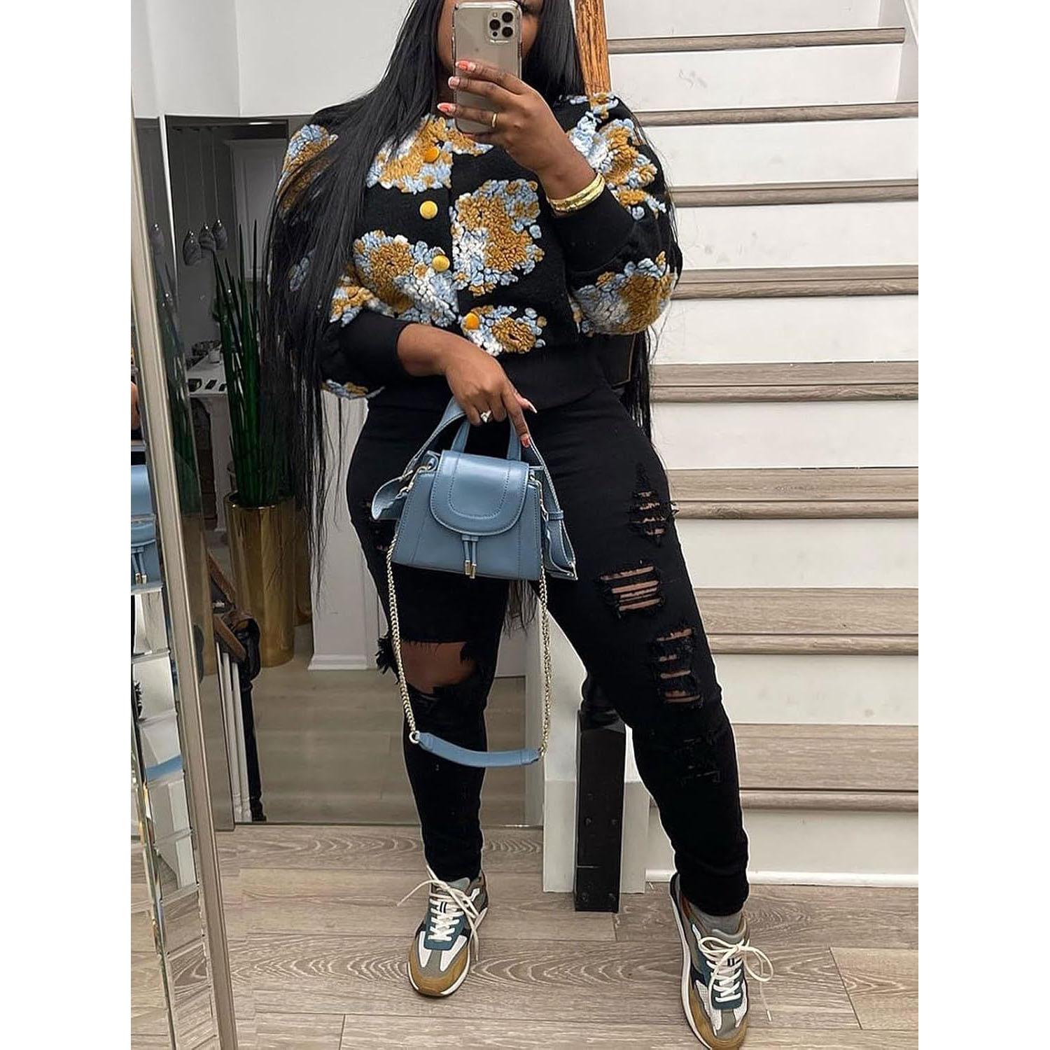 MILU Winter Retro Pluche Wollen Cardigan met Bloemenborduursel, Jas met Lange Mouwen, Cropped Y2K Streetwear, Bont Dames Bomberjack met Bloemenprint XS