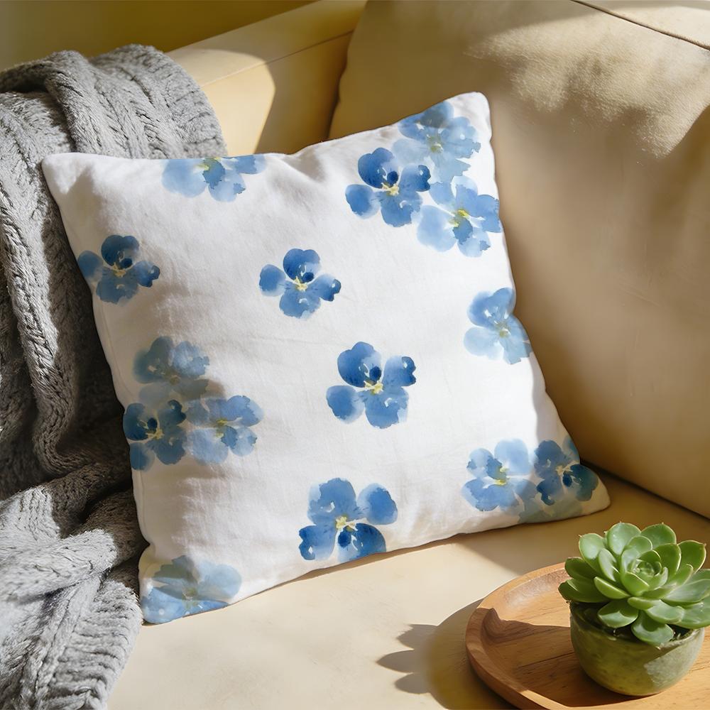 Cushion Cover Washed Linen Soft Breathable Decorative Case for Sofa Home Pillow Cover Elegant Blue Floral