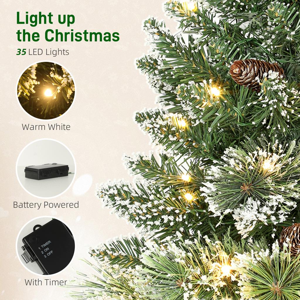 60 cm Prelit Small Christmas Tree, Snow Flocked Tabletop Mini Xmas Tree with 35 LED Lights, Pine Cones and Linen Cover Base, Battery Operated, Green