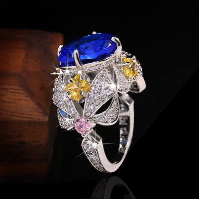 Vintage šperky Luxusní prsteny ze stříbra Big Sapphire 925 pro ženy Elegantní květinové zásnubní prsteny k výročí