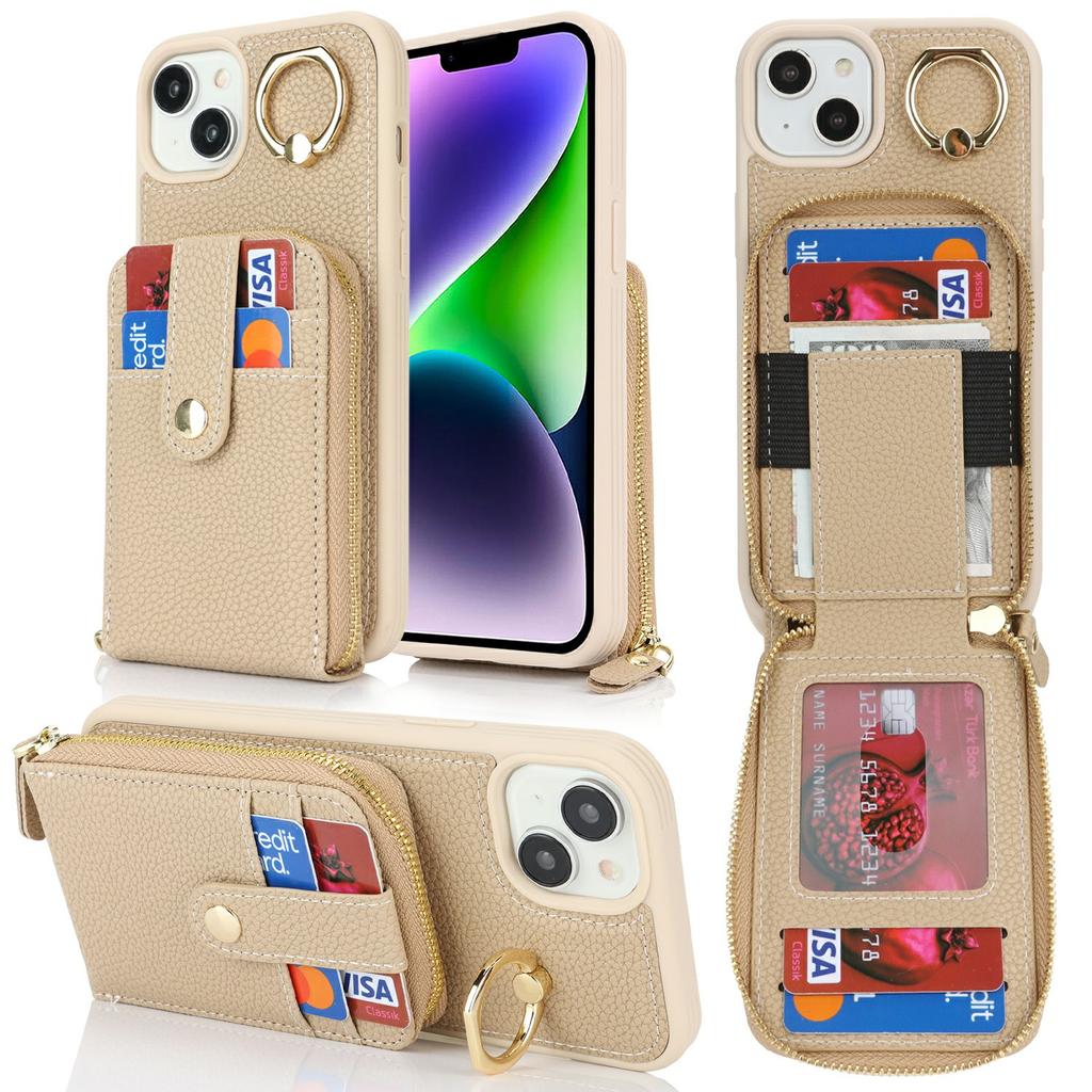 For iPhone 15 Plus/14 Plus Case with Zipper Pouch/Ring Kickstand/Strap Litchi Texture PU+TPU Phone Cover