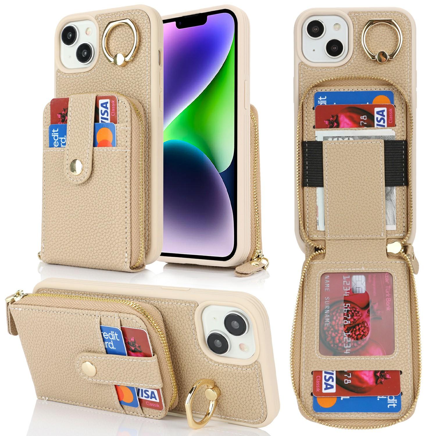 

Чохол для iPhone 15 Plus/14 Plus з кишенею на блискавці/кільцем-підставкою/ремінцем, текстура лічі, ПУ+ТПУ чохол для телефону Beige
