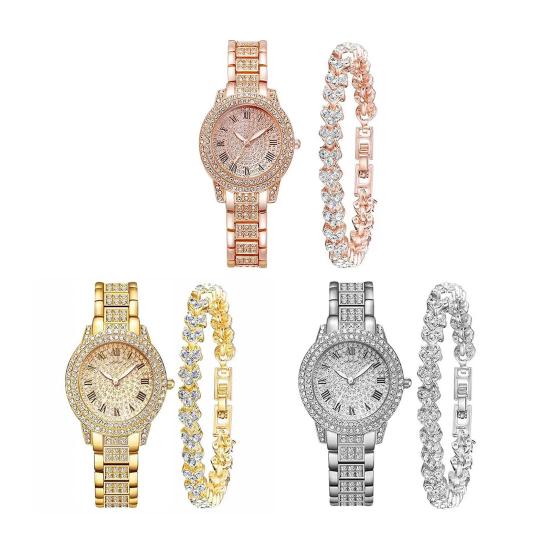 2Pcs/Set Women Quart Watch Shiny Rhinestones Circular Dial High Precision Movement Wristwatch with Bracelet