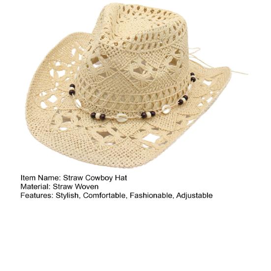 Straw Cowboy Hat for Men Women Western Cowgirl Hat with Shapable Brim Woven Hollow Out Beach Coastal Sun Hat