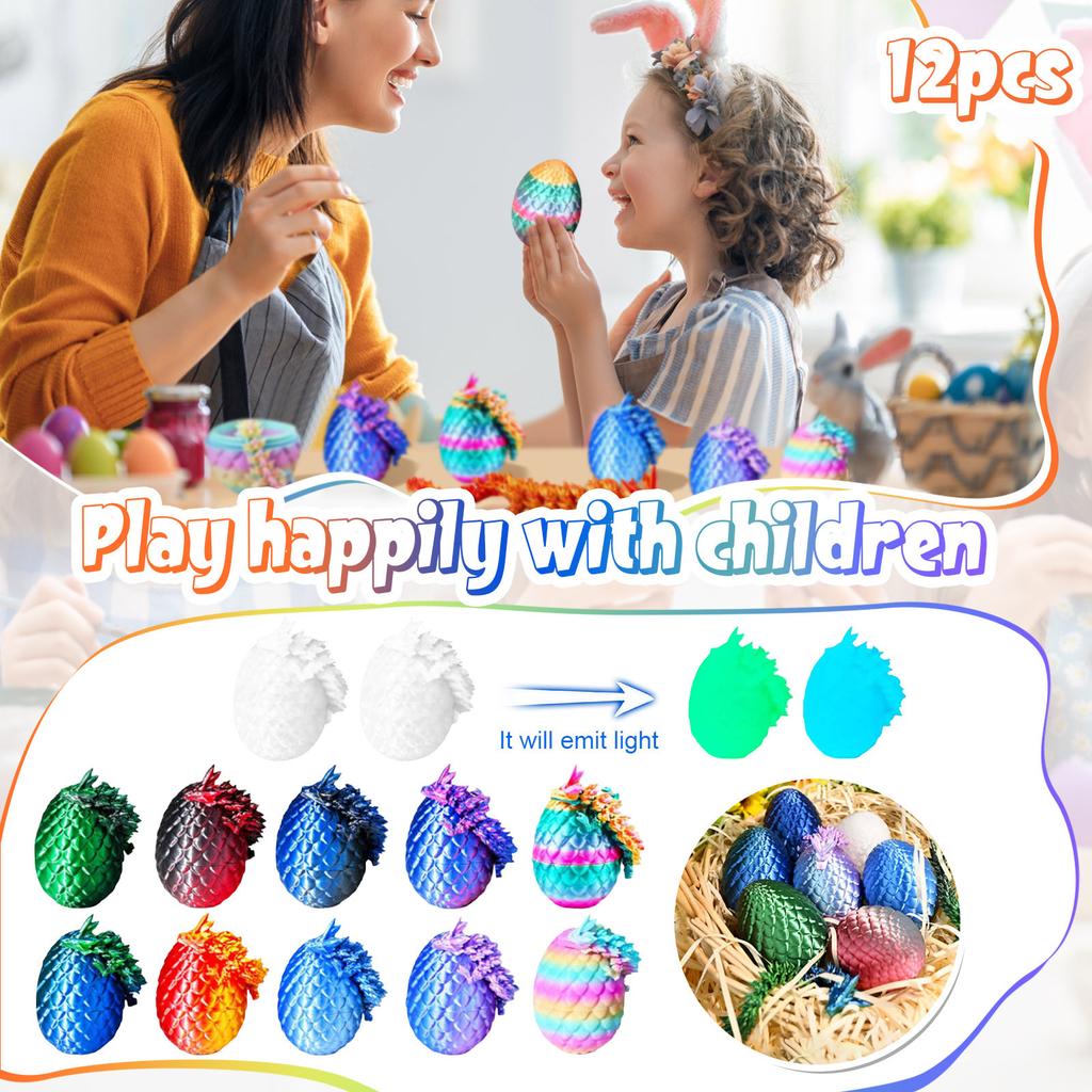 12 3D Printed Easter Eggs With 3D Printed Dragons Inside, Miniature Easter Basket Fillers, Articulated Crystal Dragon Set For Adults And Kids