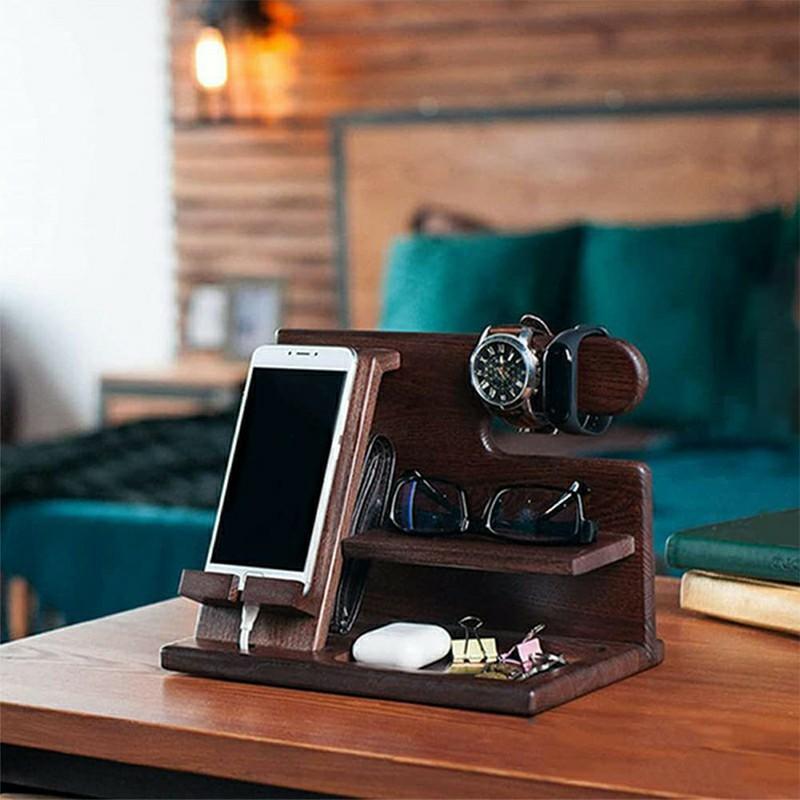 

23335 Office Home Desktop Wooden Phone Charging Stand Glasses Watch Sundries Storage Rack Walnut Color