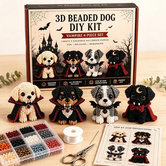Crafts for Cat Dog Lovers 3D Halloween DIY Art Set, Beaded Puppy Craft Kit, Cute Funny Animal Theme Crafting Set Kit Beginners Adults, Home Desk Decor