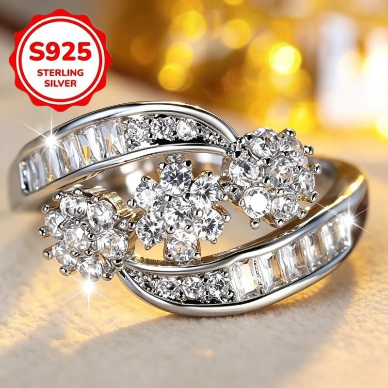 1pcs Elegant Flower Ring for Women925Pure silver with a shiny finish3A Zirconia is suitable for banquets and anniversary occasions
