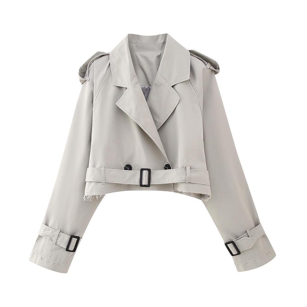 2024 Women's European & American Style Belted Windbreaker Jacket - Spring/Autumn, Long Sleeve, Short Casual Design