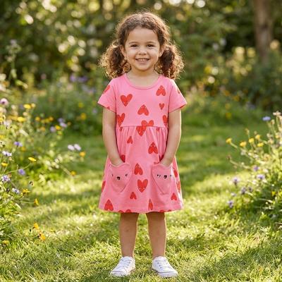 Girls' Dress, New Summer Style Children'S Short-Sleeved Dress Fashionable Heart Print Children'S Princess Dress