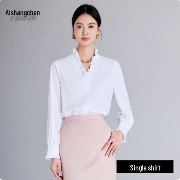 

Элегантная белая блузка с оборками, V-образным вырезом и длинными рукавами для женщин Large