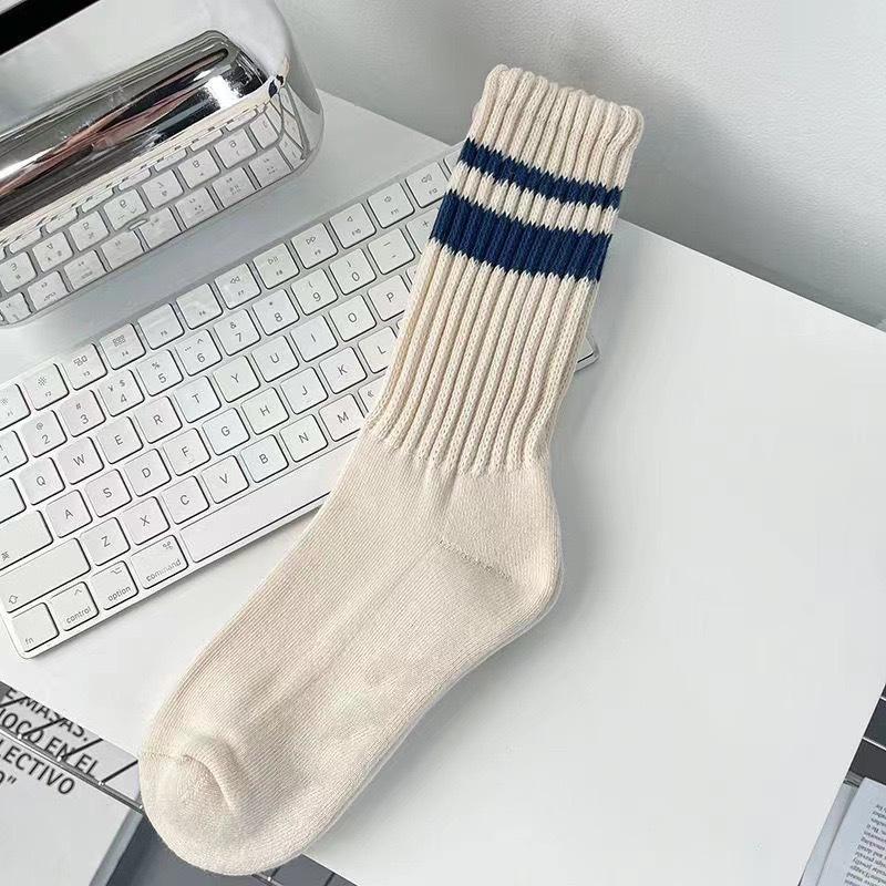 Striped Two-bar Socks, Women's Mid-calf Socks, Autumn and Winter Trend, Solid Color, College Style, Pile Socks, Sports and Casual Women's Socks