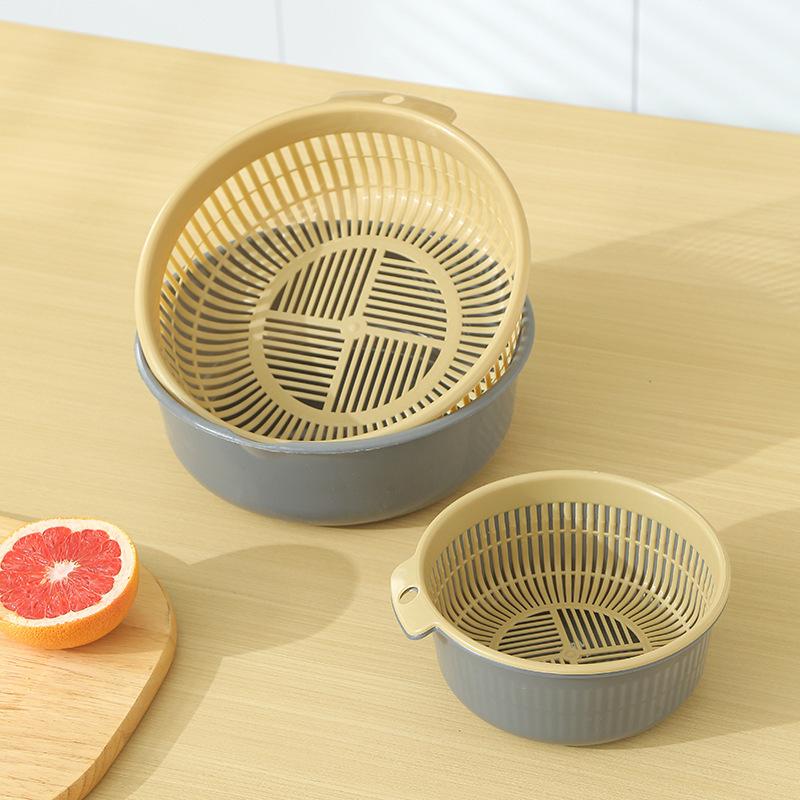Vegetable Basin Plastic Double-Layer Drain Basket Leaky Basin Rice Vegetable Blue Vegetable Basin Household Kitchen Fruit Plate