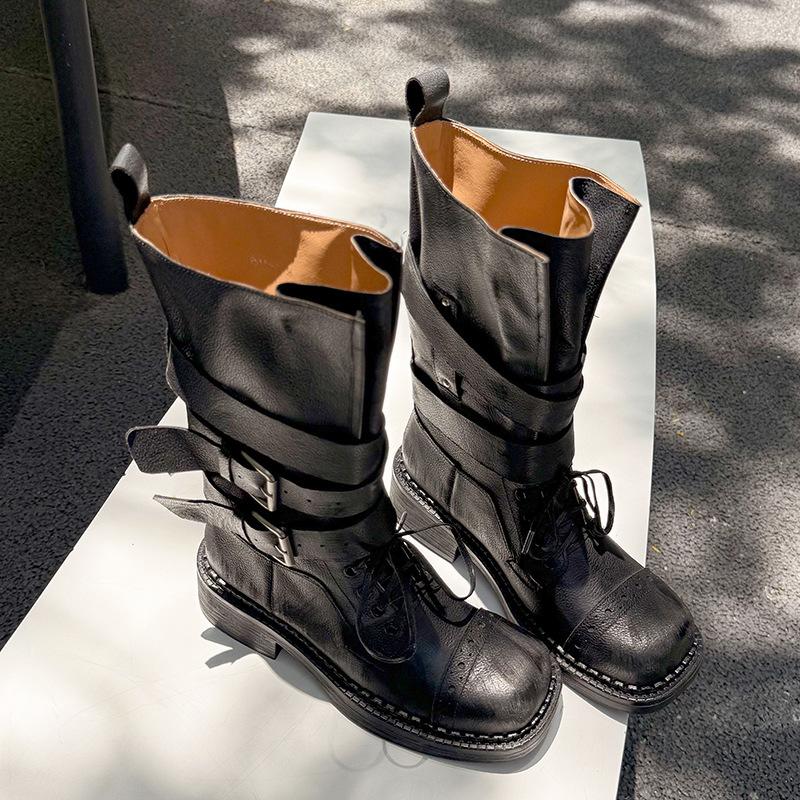 

Leather thick-soled thick-heeled polished Martin boots women s 2025 new medium tube belt buckle locomotive boots single boot design sense 34