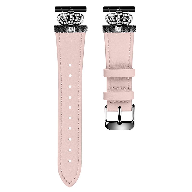 

For GarminMove 3/Vivomove 3 Watchband with Black Connector Genuine Cow Leather Strap,Rhinestone Crown Decor Pink