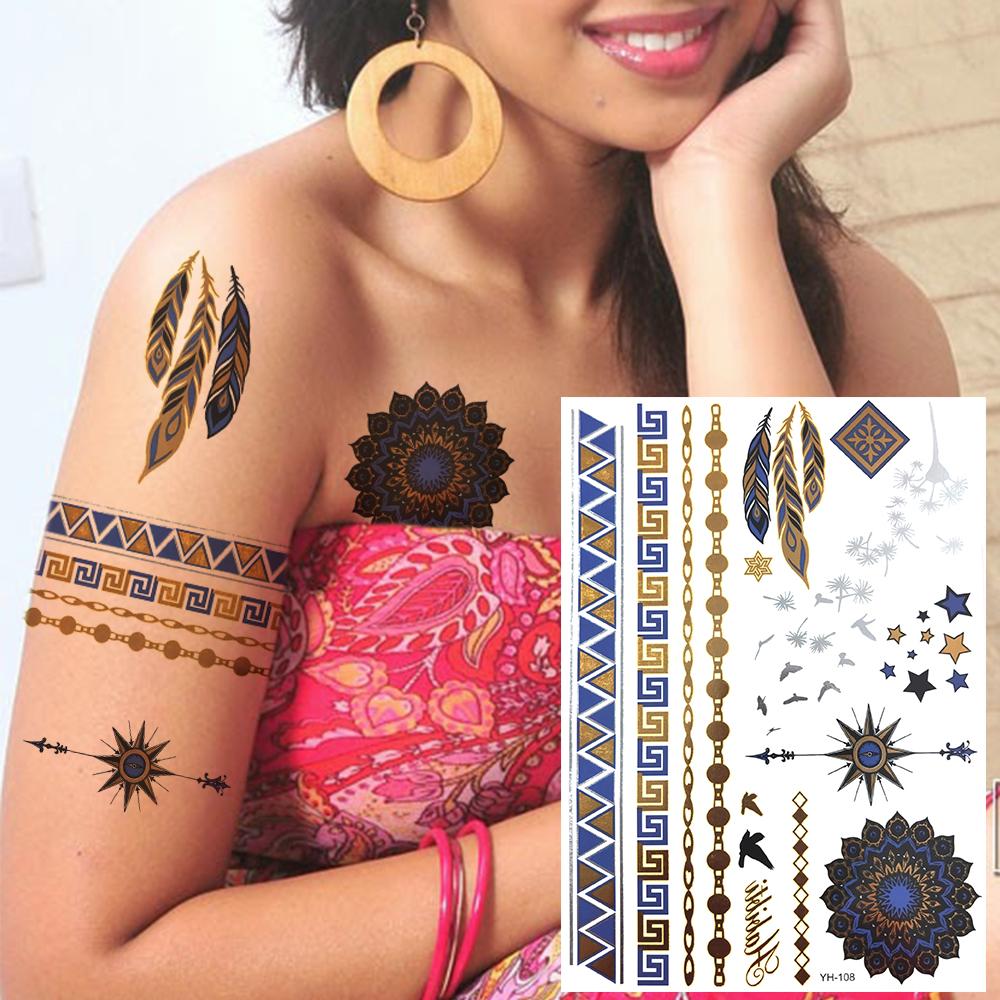 Golden Turtle Anchor Temporary Tattoo For Women Adult Realistic Compass Flower Fake Tattoo Sticker Washable Body Art Tatoo Decal