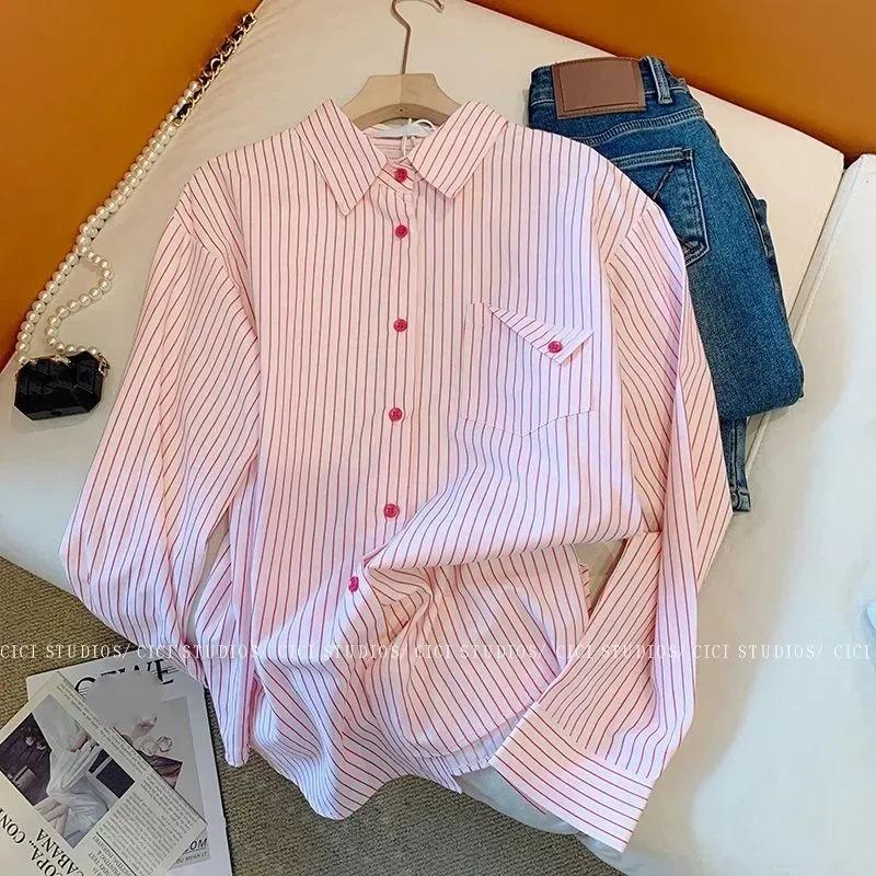 Womens Pink White Striped Button Down Long Sleeve Shirt S