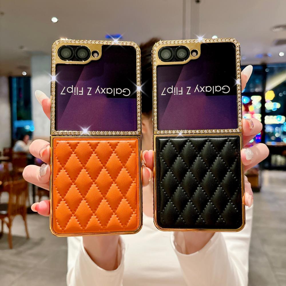 Lambskin Quilted Leather Case For Samsung Galaxy Z Flip 7 6 5 4 3 Cover Bling Diamond Shockproof For Samsung Galaxy 7 6 5 Z Flip