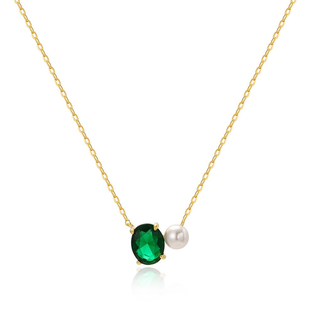 

18K Gold Plated Green Zircon Oval Pendant Necklace Ladies Simple Girl Pearl Elegent Temperament Wedding Jewelry For Women