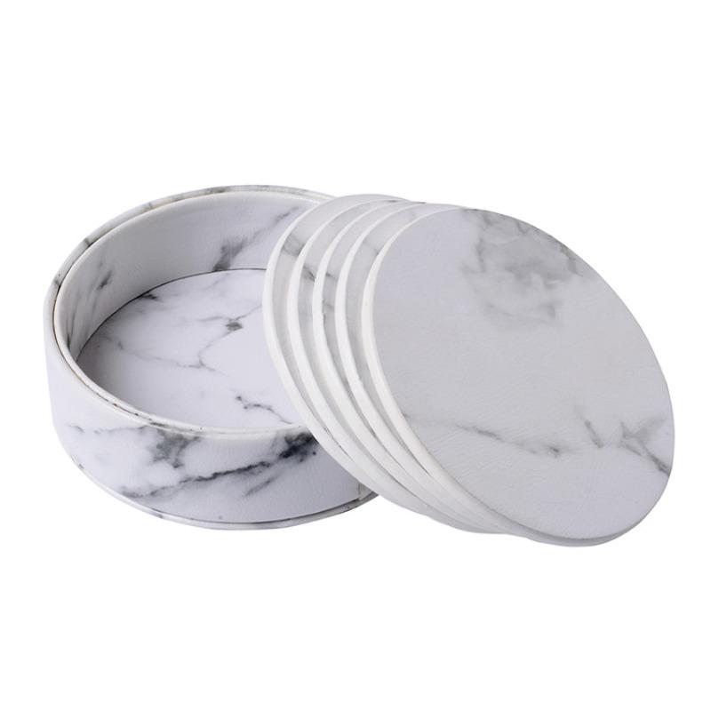 6PCS Hot Sale PU Leather Marble Coaster Drink Coffee Cup Mat Easy To Round Tea Pad Table Holder Clean Placemats Coaster Set