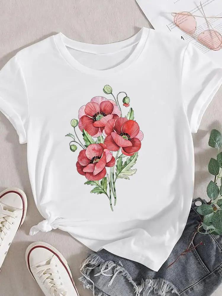 Mode T-Shirt Damen Weiblich Damen Kurzarm Kleidung 90er Trend Blume Süß Grafik T-Shirt Druck Oberteil Kleidung Tee