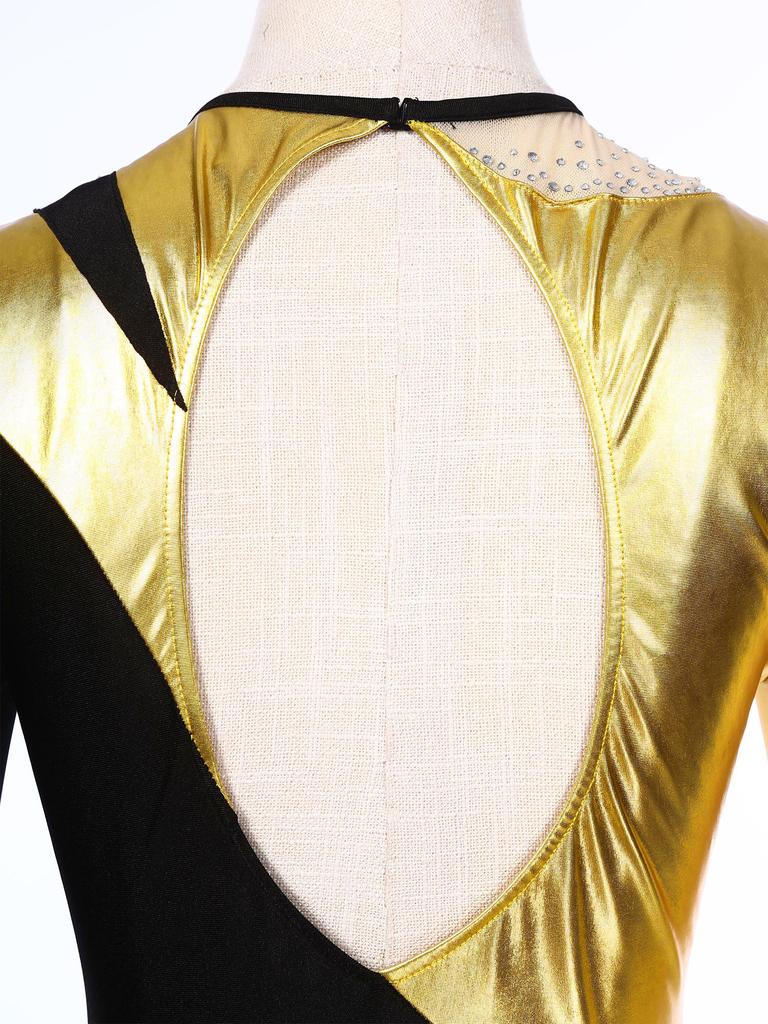 Womens Gymnastics Performance Metallic Patchwork Sheer Mesh Long Sleeve Leotard Cutout Back Shiny Rhinestone Bodysuit Dancewear